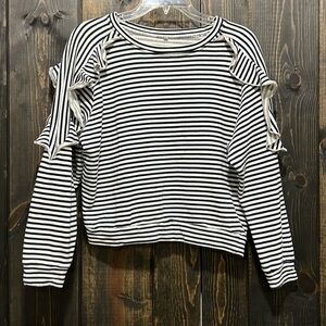Ruffle‎ Sleeve Striped Sweater S Black White Jersey Knit Casual Cropped Boho
